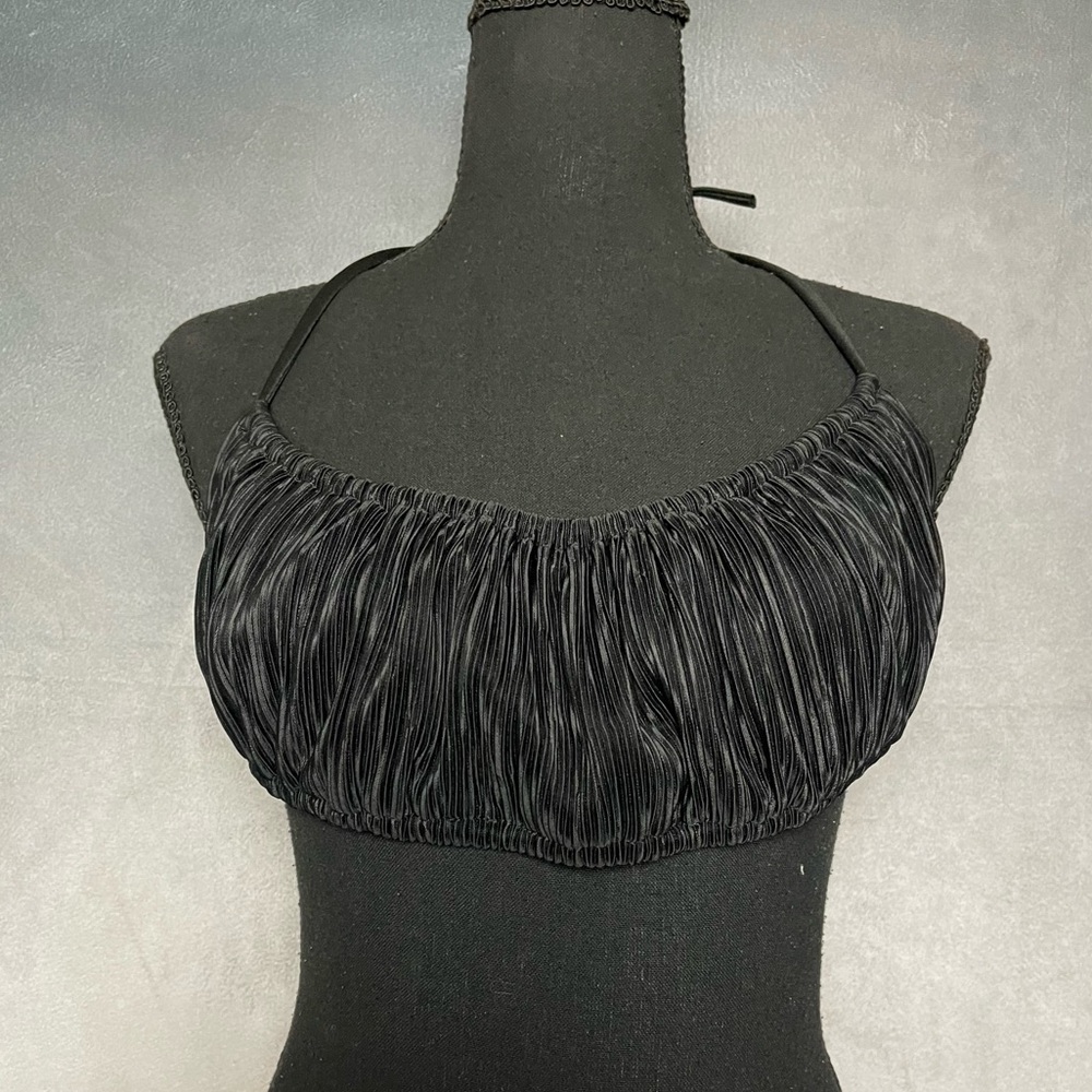 Black ruched crop top with open back
